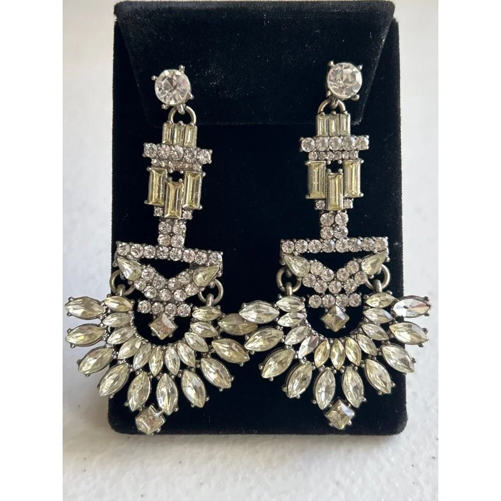 Vtg Rhinestone Crystal Clear & Citrine Drop Chandelier Earrings Art Deco *READ*